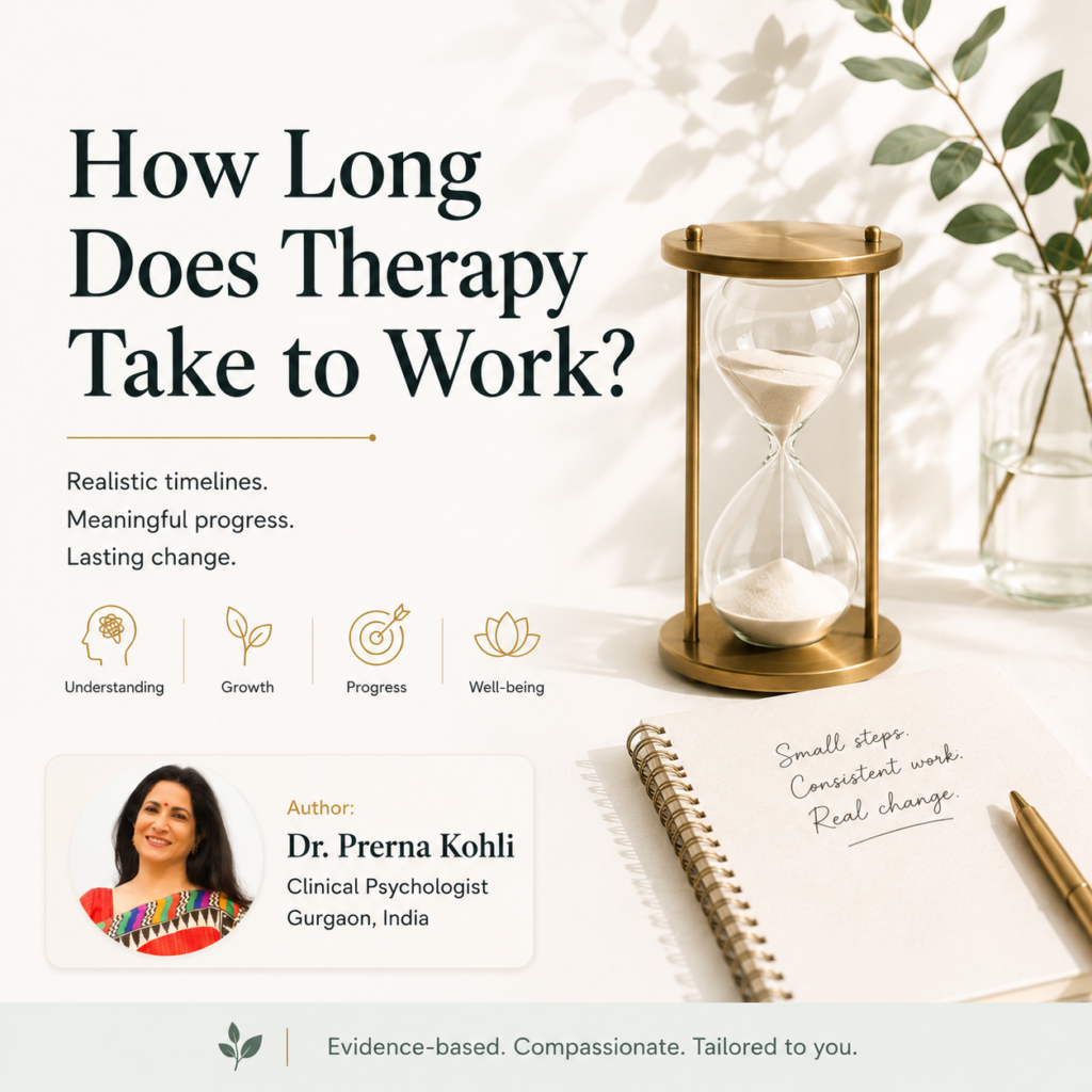 How Long Does Therapy Take to Work featured image showing an hourglass symbolizing the passage of time alongside Dr. Prerna Kohli, Clinical Psychologist, Gurgaon, India.