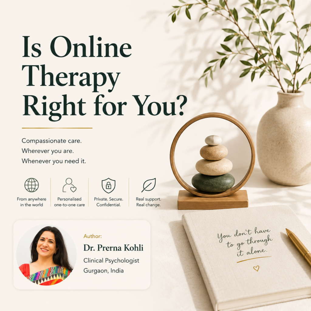 Online therapy featured image showing a symbolic balanced stone sculpture representing emotional stability and connection, alongside Dr. Prerna Kohli, Clinical Psychologist, Gurgaon, India.