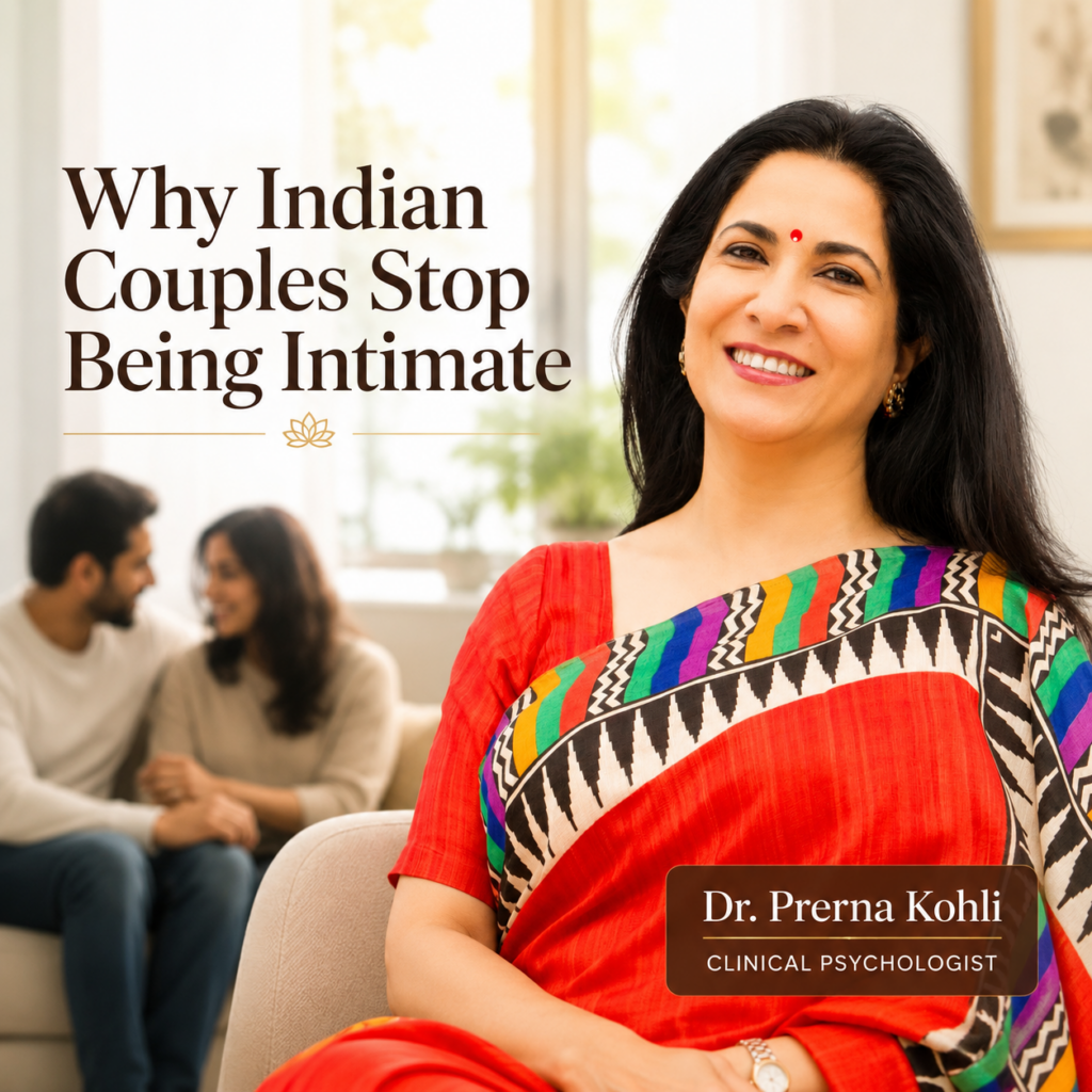 Dr. Prerna Kohli, clinical psychologist, with an Indian couple in the background — sexless marriage counselling Gurugram