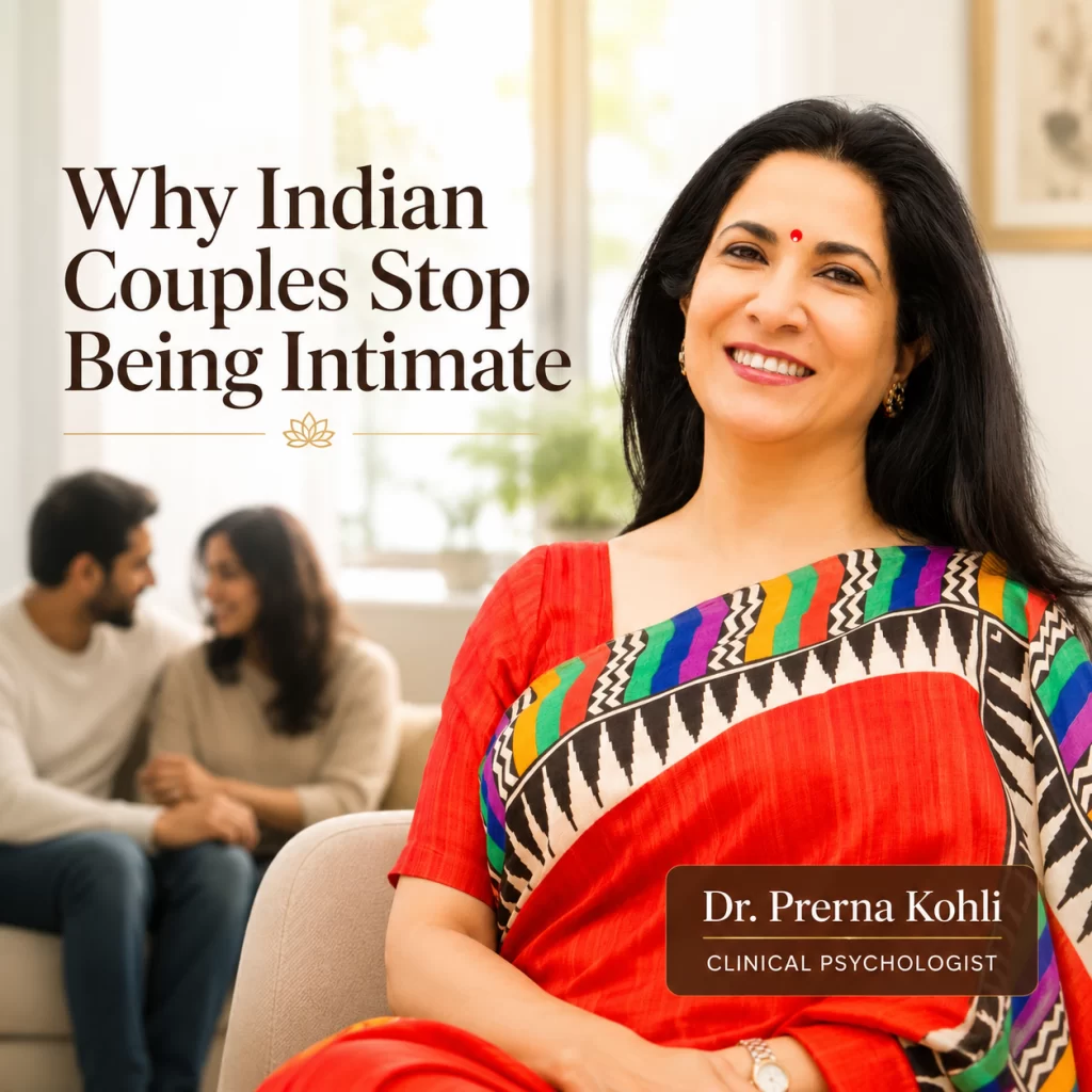 Dr. Prerna Kohli, clinical psychologist, with an Indian couple in the background — sexless marriage counselling Gurugram