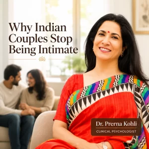 Dr. Prerna Kohli, clinical psychologist, with an Indian couple in the background — sexless marriage counselling Gurugram