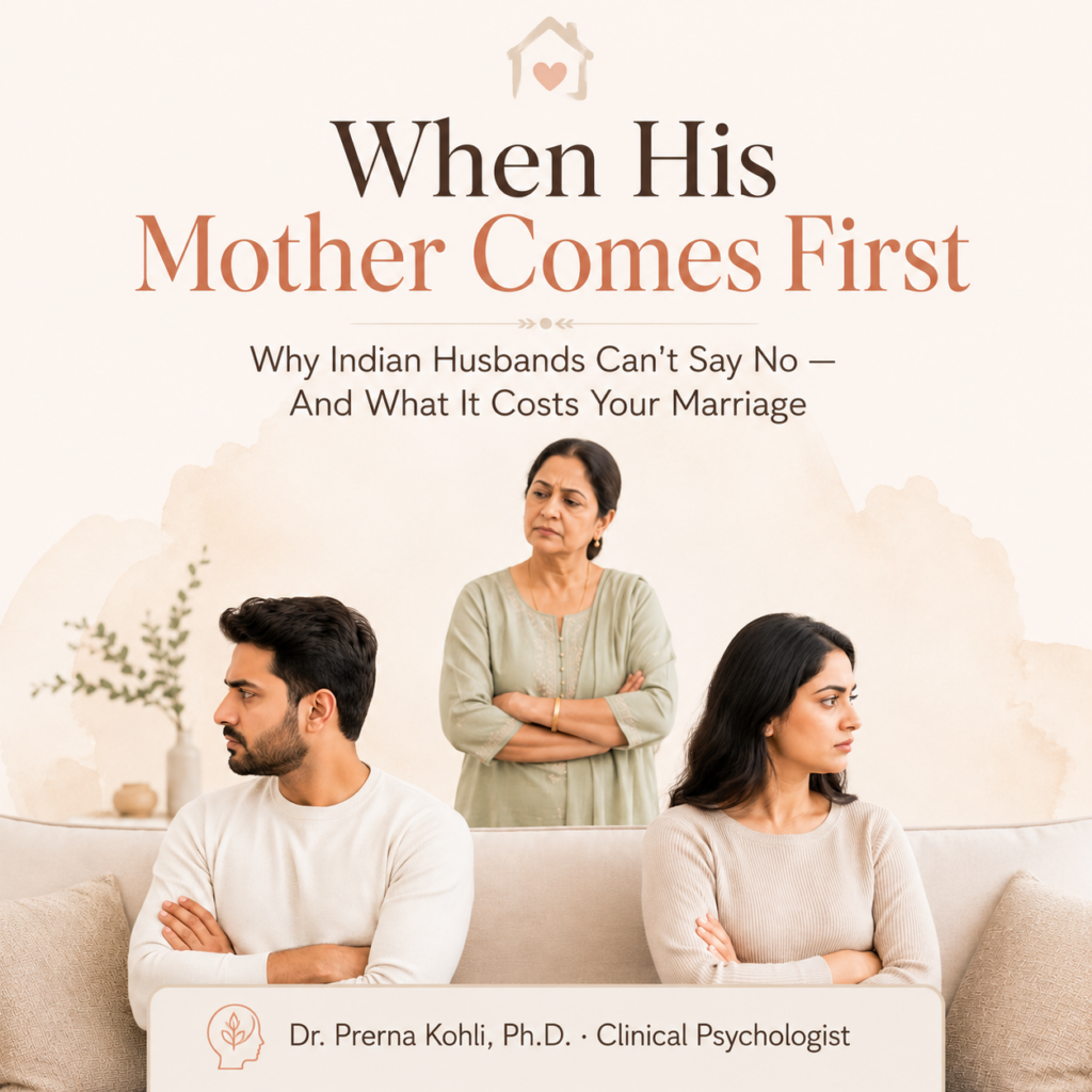In-law interference in Indian marriage causing tension between husband, wife, and mother-in-law. Featured image for relationship advice by Dr. Prerna Kohli