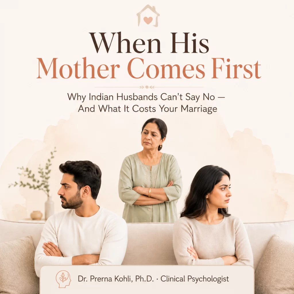 In-law interference in Indian marriage causing tension between husband, wife, and mother-in-law. Featured image for relationship advice by Dr. Prerna Kohli
