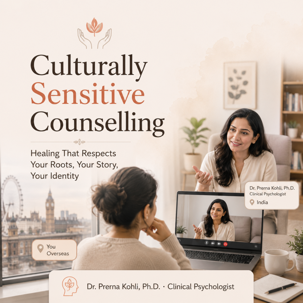 Online culturally sensitive counselling session between an Indian psychologist and an overseas client. Mental health support for NRIs and expatriates.
