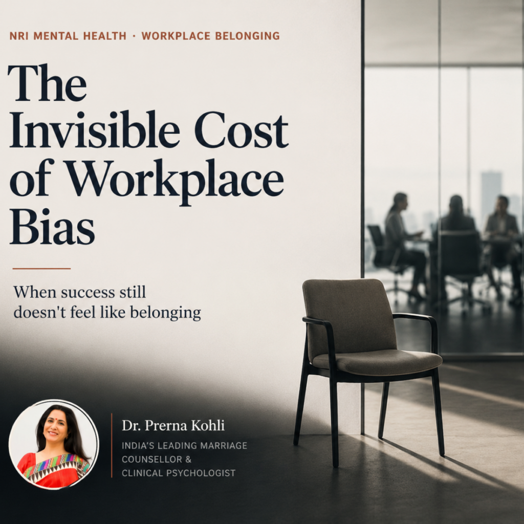 Workplace bias and belonging in corporate environments: an empty chair outside a meeting room symbolizing exclusion and the psychological toll on NRIs.