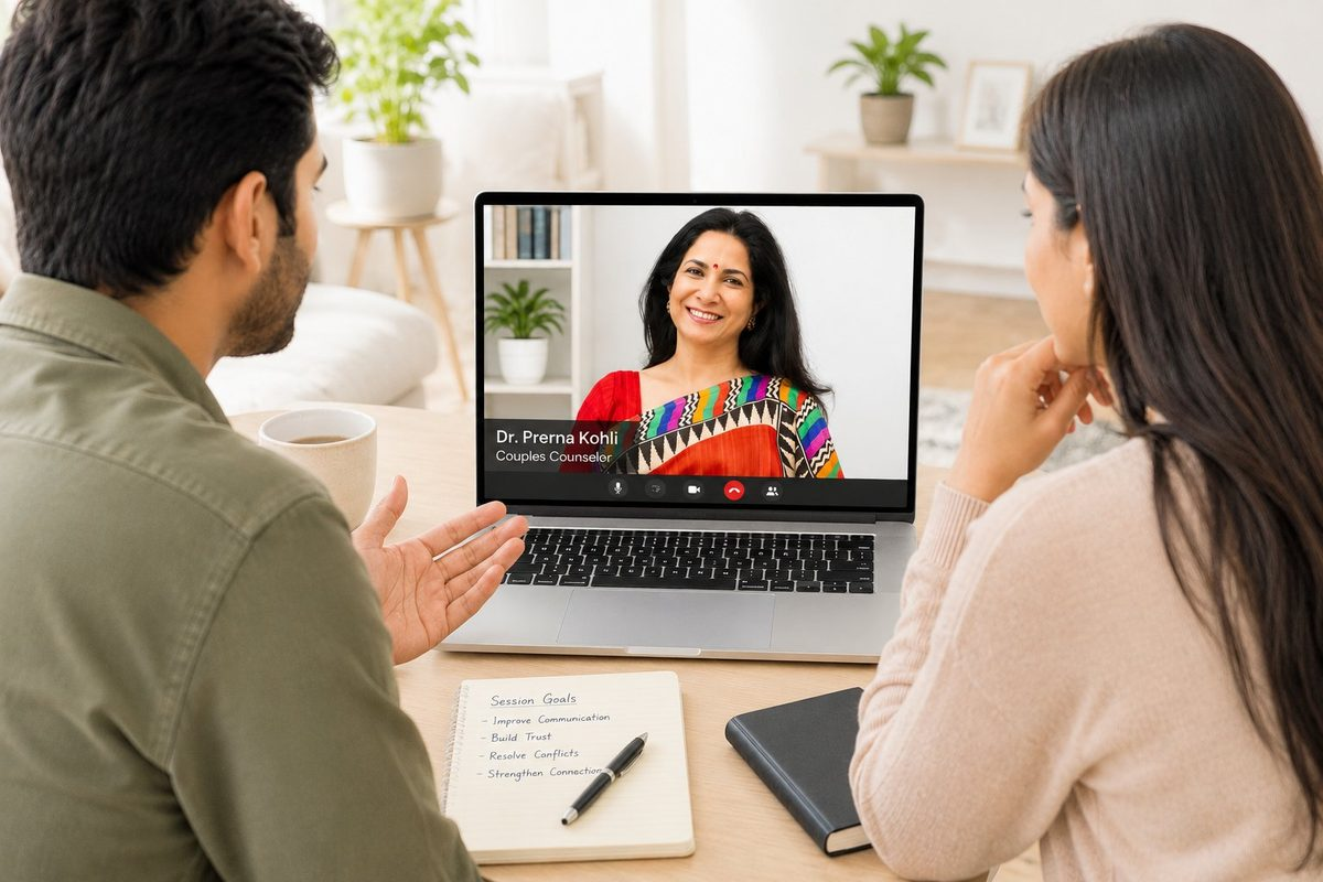 Premarital counselling session in Gurugram — a couple in an online couples counselling session with Dr. Prerna Kohli