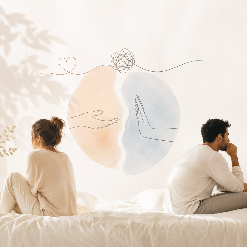 A couple sits apart on a bed, facing away from each other in a softly lit room. Between them is an abstract illustration of two hands—one reaching out and the other pulling back—symbolizing differences in sexual desire, emotional disconnect, and the possibility of understanding through communication.