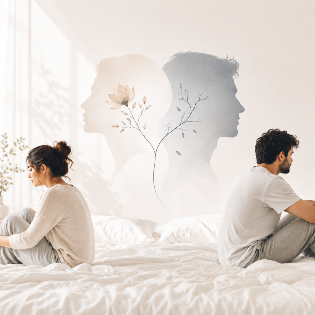 Alt Text: A husband and wife sit apart on a bed with their backs turned to each other in a bright, minimalist bedroom. Behind them, two large overlapping profile silhouettes are connected by a delicate flowering plant that blooms on one side and fades on the other, symbolizing how sexual desire in marriage can diminish yet still be nurtured back to life.
