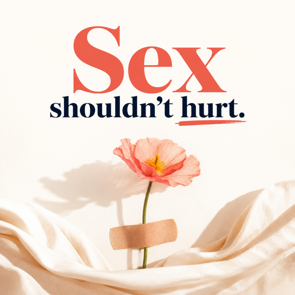 Dr. Prerna Kohli explains why sex shouldn't hurt. A minimalist editorial illustration shows a delicate flower with a healing bandage around its stem, symbolizing painful intimacy, recovery, and hope for couples experiencing pain during sex.