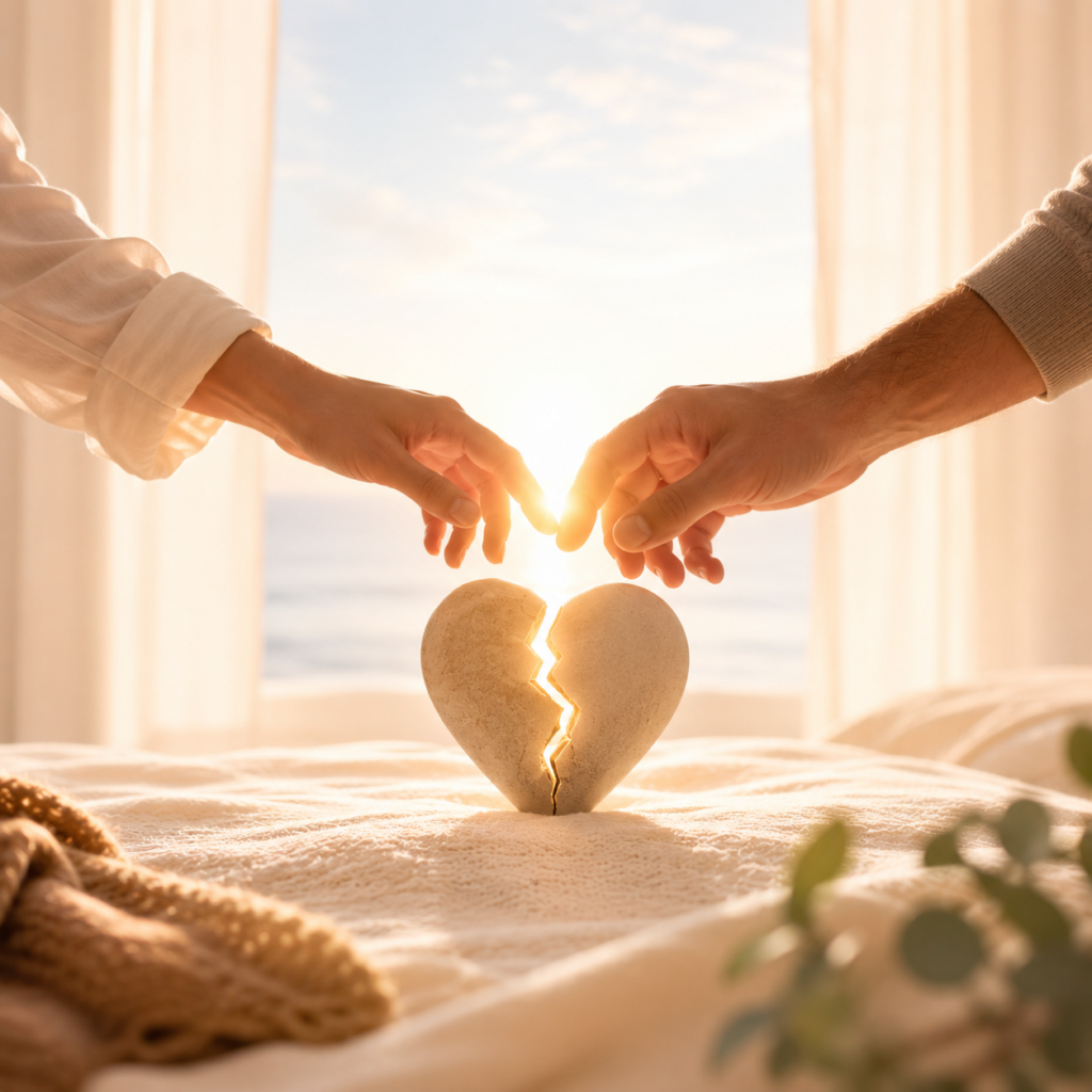 Dr. Prerna Kohli explains how couples can rebuild physical intimacy after an affair. A couple's hands reach toward each other above a cracked heart glowing with warm light, symbolizing healing, trust, and emotional reconnection after betrayal.
