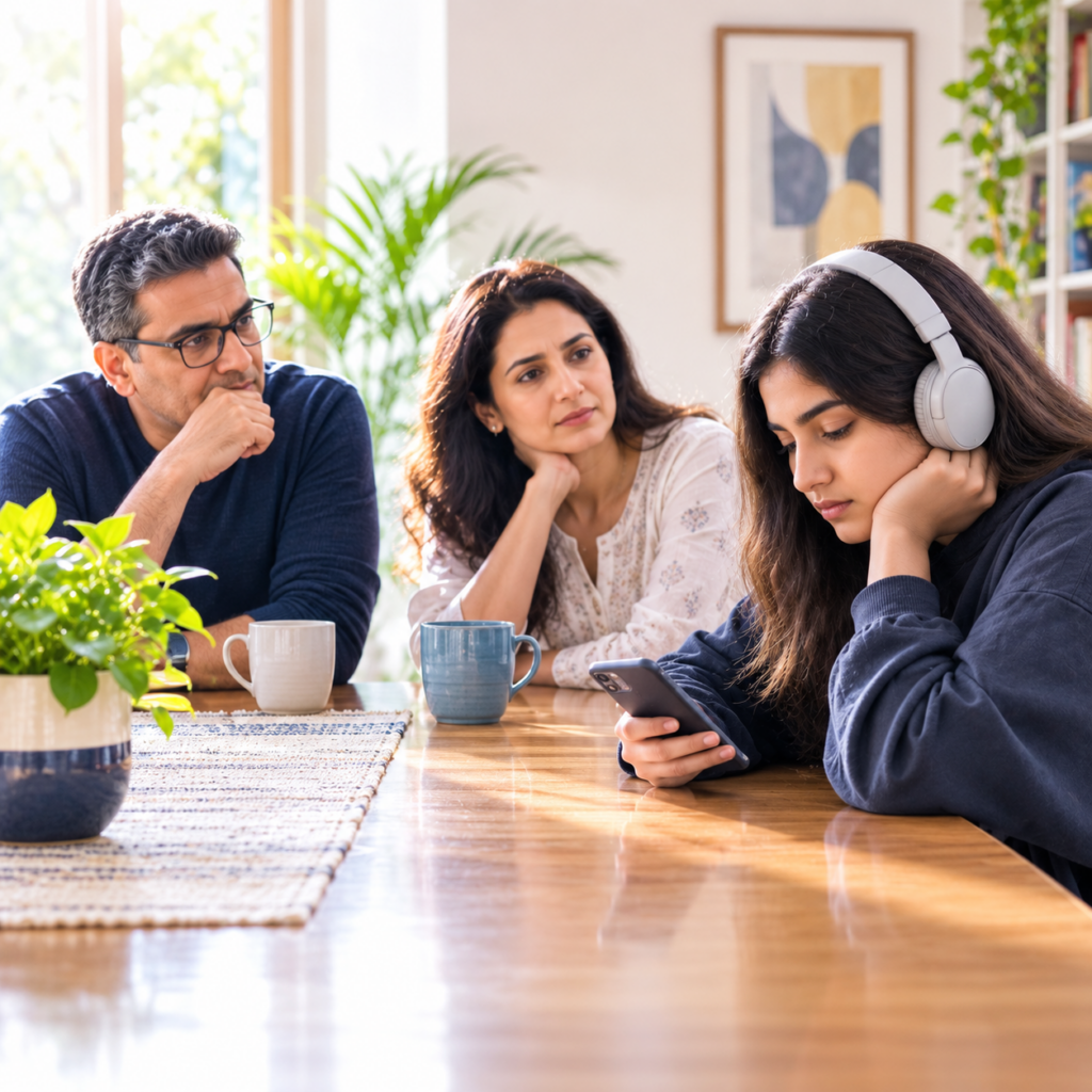 Concerned Indian parents sit quietly across the dining table while their teenage daughter wearing headphones looks at her phone, illustrating emotional distance in adolescence. Image accompanying an article by Dr. Prerna Kohli on improving parent-teen communication.