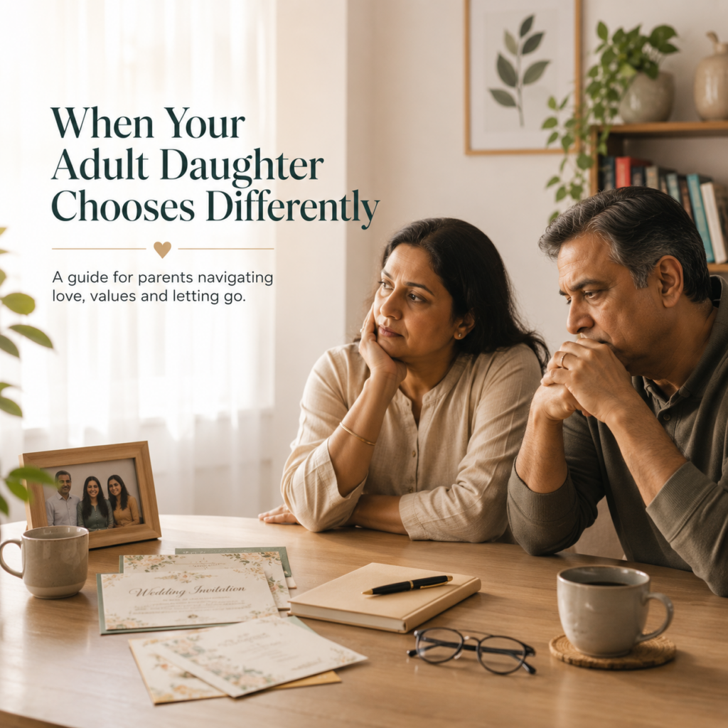 Concerned Indian parents sit quietly at a dining table with wedding invitations and a framed family photograph, reflecting on their adult daughter's decision to be in a live-in relationship. Image accompanying an article by Dr. Prerna Kohli on navigating family conflict with compassion.