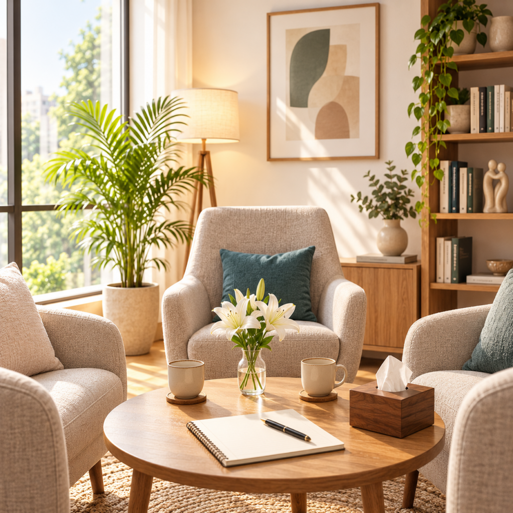 Bright modern marriage counselling office with comfortable chairs arranged for couples therapy, a notebook on the table, and warm natural light. Image accompanying an article by Dr. Prerna Kohli explaining marriage counselling costs in India and what clients are paying for.