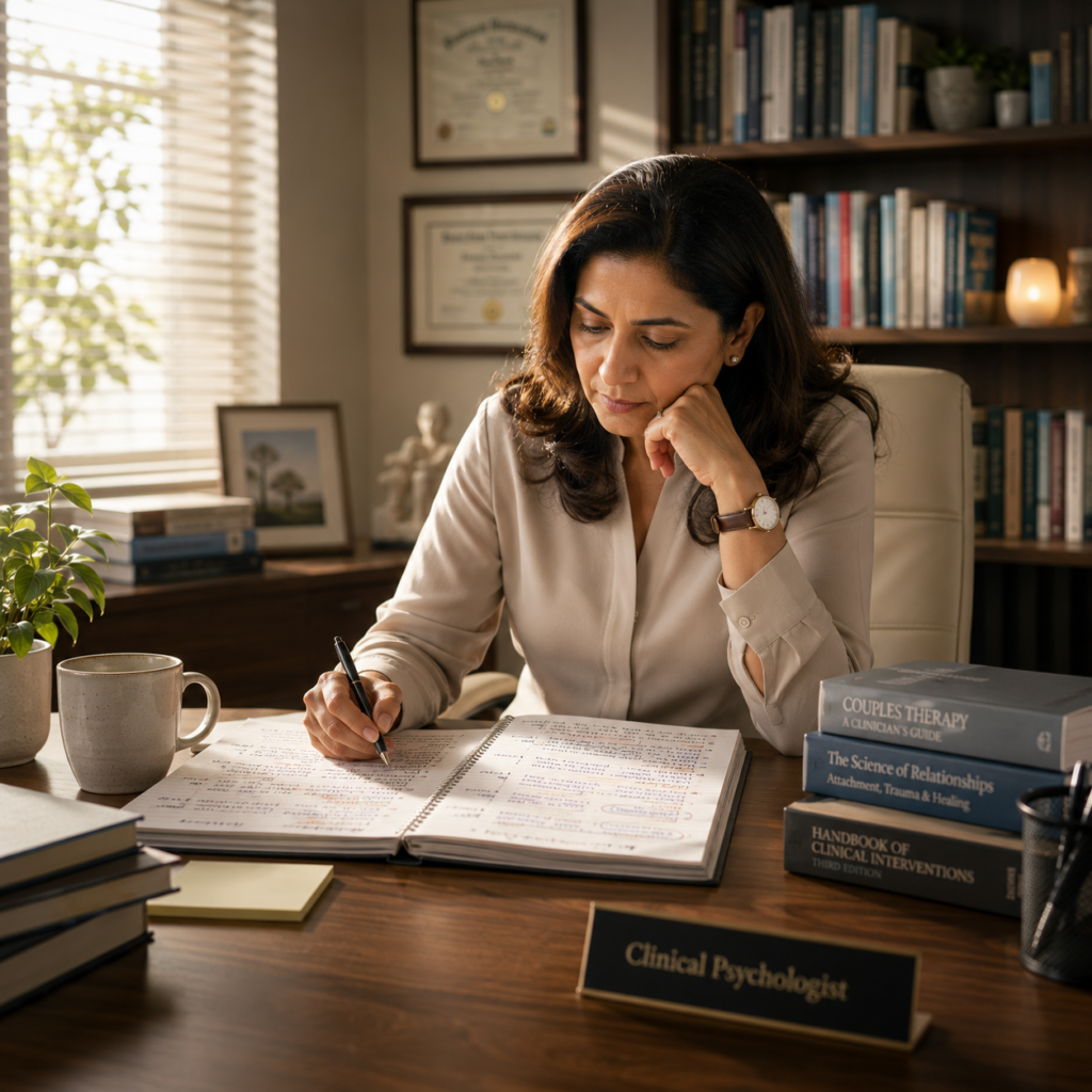 Experienced clinical psychologist reviewing therapy case notes in a modern consultation room, illustrating the expertise and professional judgment behind psychology fees. Image accompanying an article by Dr. Prerna Kohli explaining why psychologists charge different fees in India