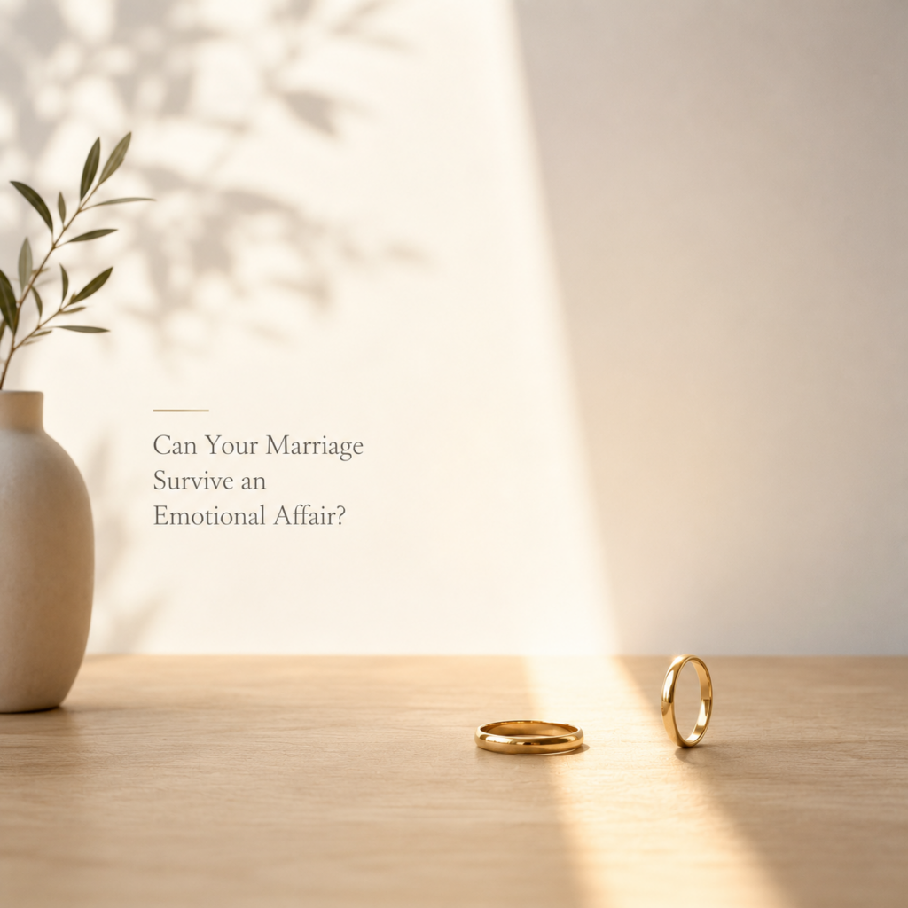 Can Your Marriage Survive an Emotional Affair? Minimal editorial illustration by Dr. Prerna Kohli showing two separated wedding rings in warm light, symbolizing emotional distance, hope, trust, and relationship recovery.