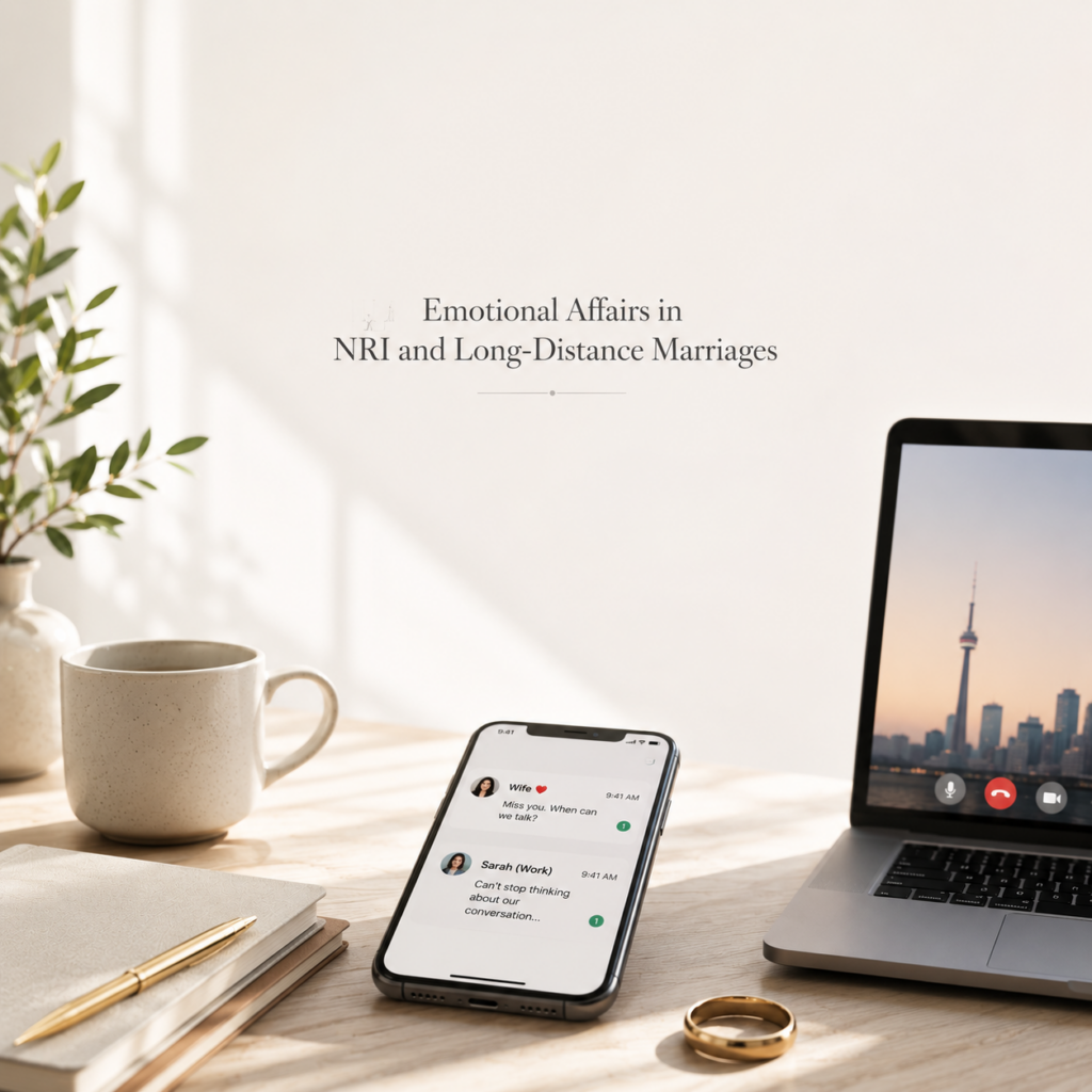 Emotional affairs in NRI and long-distance marriages illustrated with a smartphone, wedding ring, passport, and video call, representing digital infidelity, emotional distance, and relationship counselling by Dr. Prerna Kohli.