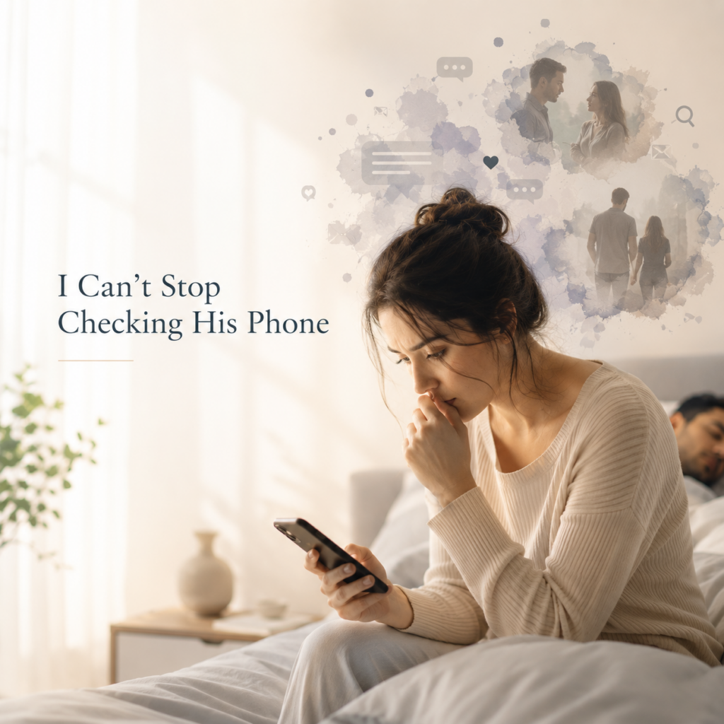 A woman sits awake in bed repeatedly checking her partner's phone while intrusive thoughts swirl around her after discovering an emotional affair, illustrating betrayal trauma and relationship anxiety. Expert guidance by Dr. Prerna Kohli.