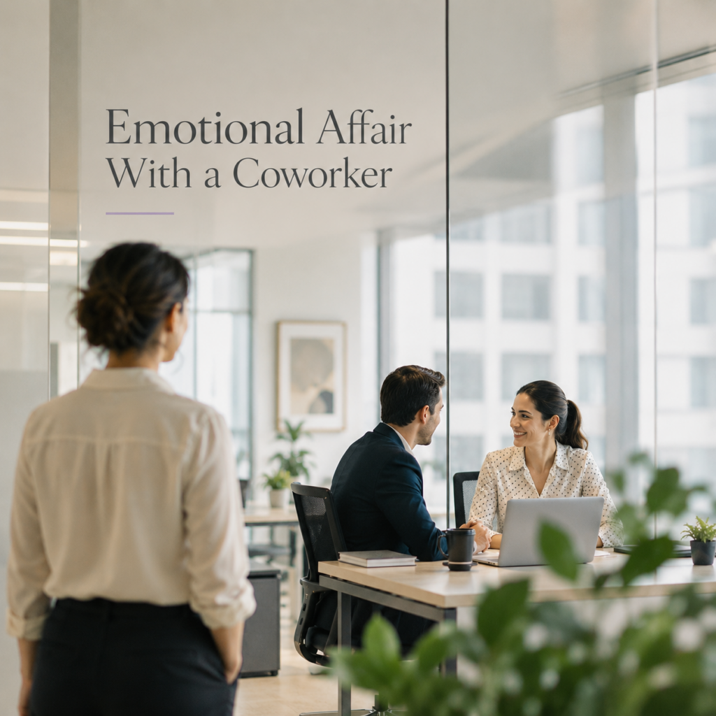 Dr. Prerna Kohli explains the emotional impact of an emotional affair with a coworker through an editorial illustration of a spouse noticing their partner emotionally connecting with a workplace colleague in a modern office.