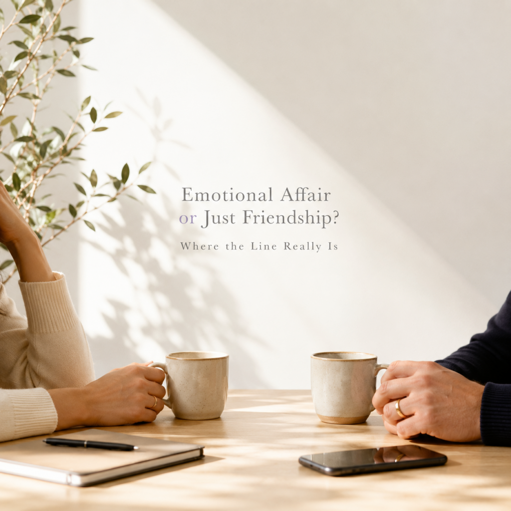 Emotional Affair or Just Friendship? Minimal editorial illustration showing two married people having coffee while exploring the subtle line between close friendship and emotional infidelity. Expert guidance by Dr. Prerna Kohli.
