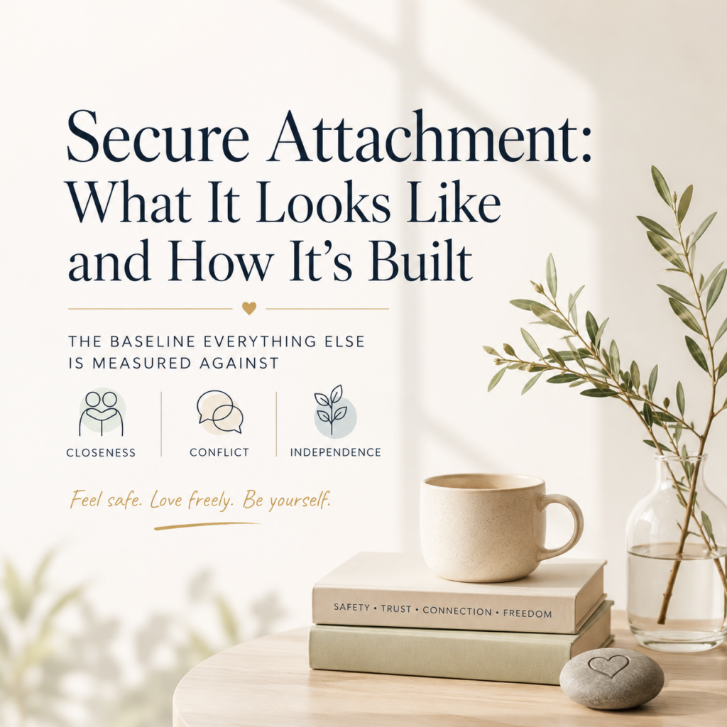 Secure Attachment: What It Looks Like and How It's Built — A calming, minimalist header image featuring warm natural light, a ceramic coffee mug resting on stacked books, an olive branch in a glass vase, and a smooth stone engraved with a heart. The image symbolizes emotional safety, trust, connection, and personal growth. Text highlights secure attachment as the foundation for healthy relationships, emotional resilience, independence, and effective conflict resolution. This illustration accompanies an article by Dr. Prerna Kohli, Clinical Psychologist and Founder of MindTribe, explaining how secure attachment develops in childhood and adulthood, why it influences relationships and mental health, and practical ways to build a more secure attachment style through self-awareness, healthy communication, and therapy.