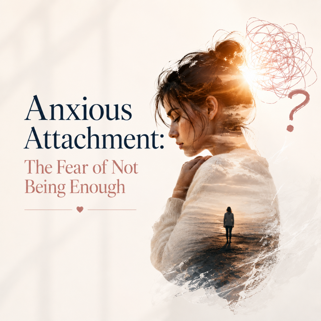 Anxious Attachment: The Fear of Not Being Enough — A contemplative, minimalist header image showing a young woman in profile with her eyes closed, expressing worry, vulnerability, and emotional longing. A tangled scribble above her head symbolizes racing thoughts, fear of rejection, and relationship uncertainty, while a distant solitary figure blended into her silhouette represents loneliness and emotional distance. Warm sunlight contrasts with the inner emotional turbulence, reflecting the hidden nature of anxious attachment. This image accompanies an article by Dr. Prerna Kohli, Clinical Psychologist and Founder of MindTribe, explaining anxious attachment, its roots in inconsistent caregiving, how it affects adult relationships, self-worth, reassurance-seeking, abandonment fears, and emotional regulation, along with evidence-based strategies for developing a more secure attachment style.