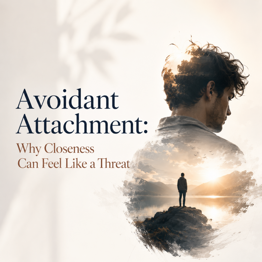Avoidant Attachment: Why Closeness Can Feel Like a Threat — A minimalist, warm-toned header image depicting a man turned away from the viewer, symbolizing emotional distance and self-protection. Within his silhouette, a lone figure stands overlooking a quiet lake at sunrise, representing independence, isolation, and the internal conflict between longing for connection and fearing intimacy. The image accompanies an article by Dr. Prerna Kohli, Clinical Psychologist and Founder of MindTribe, explaining avoidant attachment, how it develops through emotionally unavailable or rejecting caregiving, how it influences adult relationships, vulnerability, trust, and emotional expression, and evidence-based ways to develop greater emotional security.