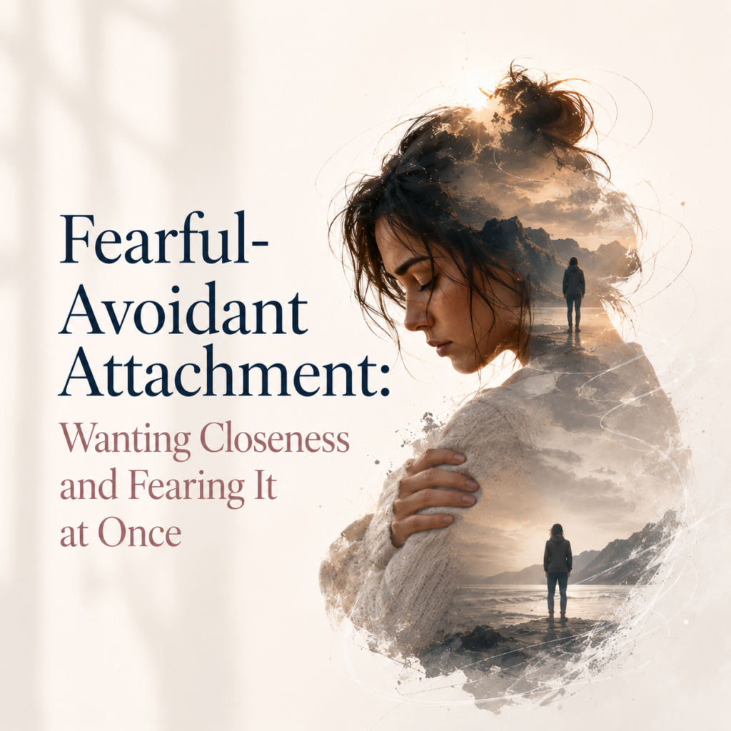 Fearful-Avoidant Attachment: Wanting Closeness and Fearing It at Once — A contemporary, minimalist header image showing a young woman with her eyes closed and arms wrapped around herself, symbolizing the emotional conflict of craving intimacy while fearing vulnerability. Double-exposure imagery reveals solitary figures standing in expansive landscapes, representing the push-pull dynamic of seeking connection yet retreating from it. The image accompanies an article by Dr. Prerna Kohli, Clinical Psychologist and Founder of MindTribe, explaining fearful-avoidant attachment, how it often develops from inconsistent or traumatic relationships, how it affects trust, intimacy, emotional regulation, and self-worth, and how evidence-based therapy can help build healthier, more secure relationships.