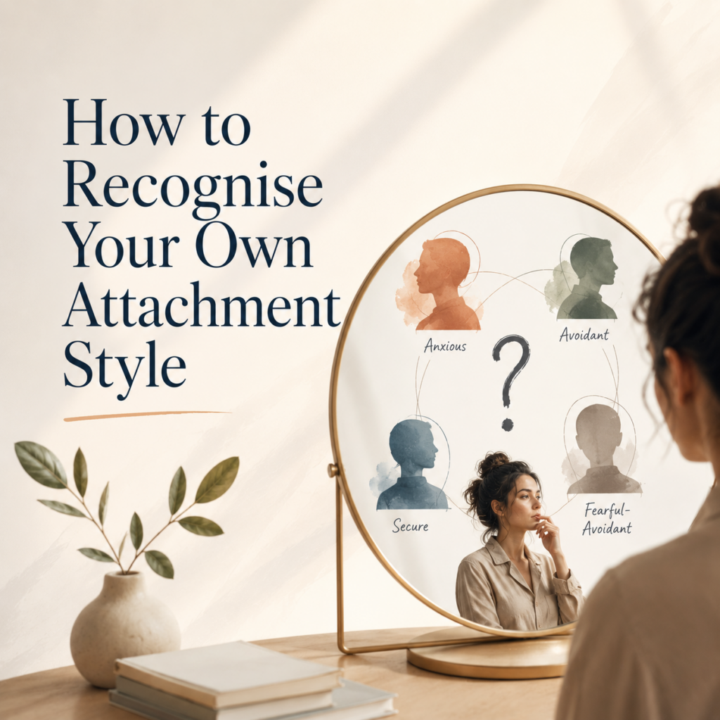 How to Recognise Your Own Attachment Style — A clean, contemporary header image showing a woman looking into a round mirror, symbolizing self-reflection and emotional self-awareness. Reflected around her are the four major attachment styles—Secure, Anxious, Avoidant, and Fearful-Avoidant—inviting readers to identify their own relationship patterns. The minimalist design uses warm natural light and calming tones to represent insight and personal growth. This image accompanies an article by Dr. Prerna Kohli, Clinical Psychologist and Founder of MindTribe, explaining how to recognize your attachment style, understand the behaviours and emotional patterns associated with each style, and begin developing healthier, more secure relationships.