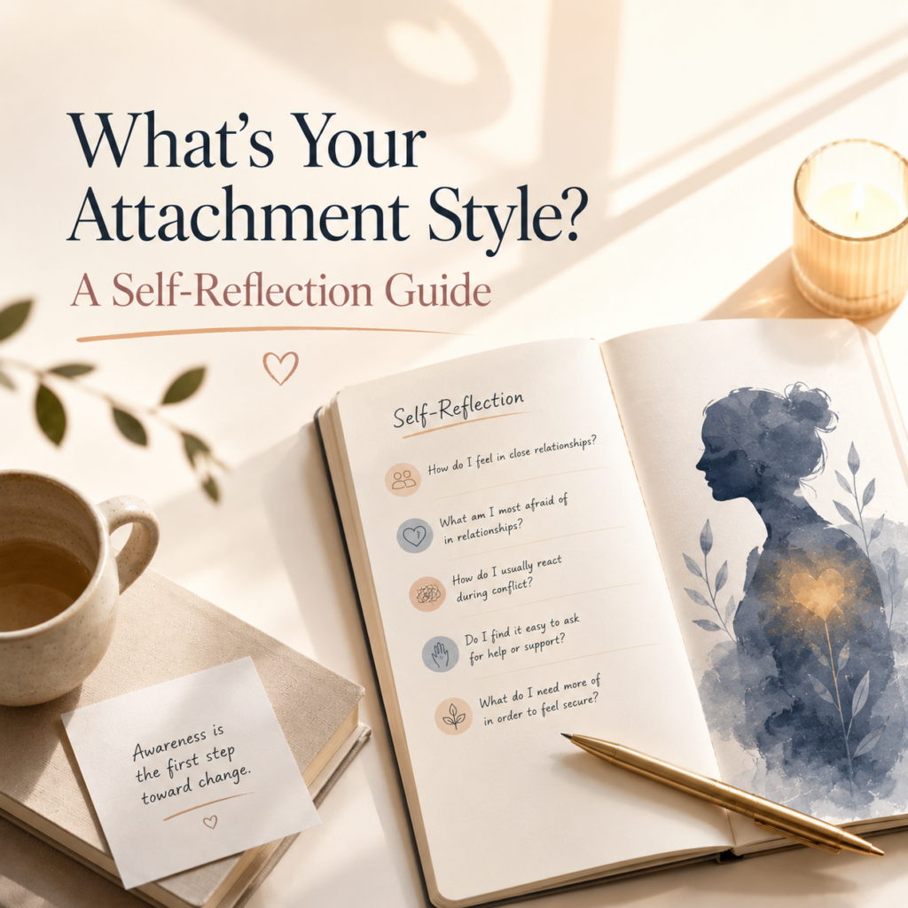 What's Your Attachment Style? A Self-Reflection Guide — A warm, minimalist header image featuring an open journal filled with self-reflection questions about relationships, trust, conflict, emotional needs, and support beside a cup of coffee, candlelight, and handwritten notes. A silhouette with a glowing heart symbolizes emotional awareness, healing, and personal growth. The image accompanies an article by Dr. Prerna Kohli, Clinical Psychologist, explaining how to identify your attachment style, recognise recurring relationship patterns, and develop greater emotional security through self-awareness and evidence-based psychological insights.