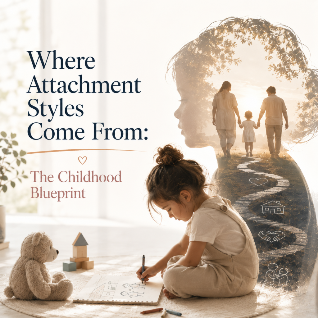 Where Attachment Styles Come From: The Childhood Blueprint — A warm, contemporary header image showing a young child drawing quietly on the floor beside a teddy bear, while a larger silhouette reveals a family walking together through a sunlit landscape. The double-exposure artwork symbolizes how early caregiving experiences shape lifelong attachment patterns, emotional security, trust, and relationships. The image accompanies an article by Dr. Prerna Kohli, Clinical Psychologist, explaining how attachment styles develop during childhood, how early family relationships influence adult emotional patterns, and how these patterns can change through greater self-awareness and evidence-based psychological approaches.