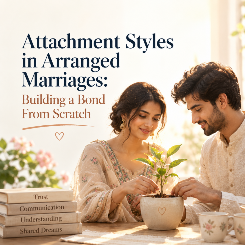 Attachment Styles in Arranged Marriages: Building a Bond From Scratch — A warm, contemporary header image depicting a young Indian couple in traditional attire nurturing a small plant together, symbolizing the gradual growth of trust, communication, and emotional intimacy. Stacked books labelled Trust, Communication, Understanding, and Shared Dreams reinforce the foundations of a healthy relationship. The image accompanies an article by Dr. Prerna Kohli, Clinical Psychologist, exploring how attachment styles influence arranged marriages, how emotional bonds develop over time, and practical ways couples can build secure, lasting relationships.