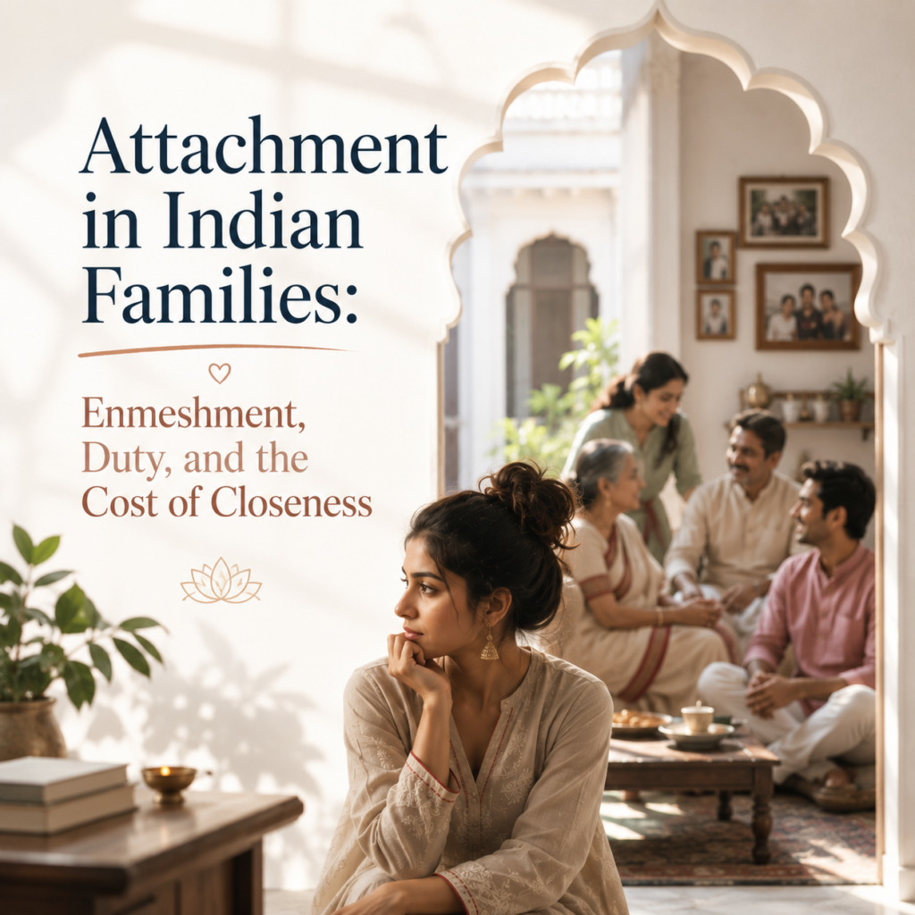 Attachment in Indian Families: Enmeshment, Duty, and the Cost of Closeness — A warm, contemporary header image showing a thoughtful young Indian woman seated apart while her extended family interacts in the background inside a traditional home. The composition illustrates the tension between family closeness, personal boundaries, duty, and emotional independence. The image accompanies an article by Dr. Prerna Kohli, Clinical Psychologist, exploring how attachment patterns are shaped within Indian families, how enmeshment and family expectations influence emotional development, and how healthy boundaries can coexist with love, respect, and cultural values.
