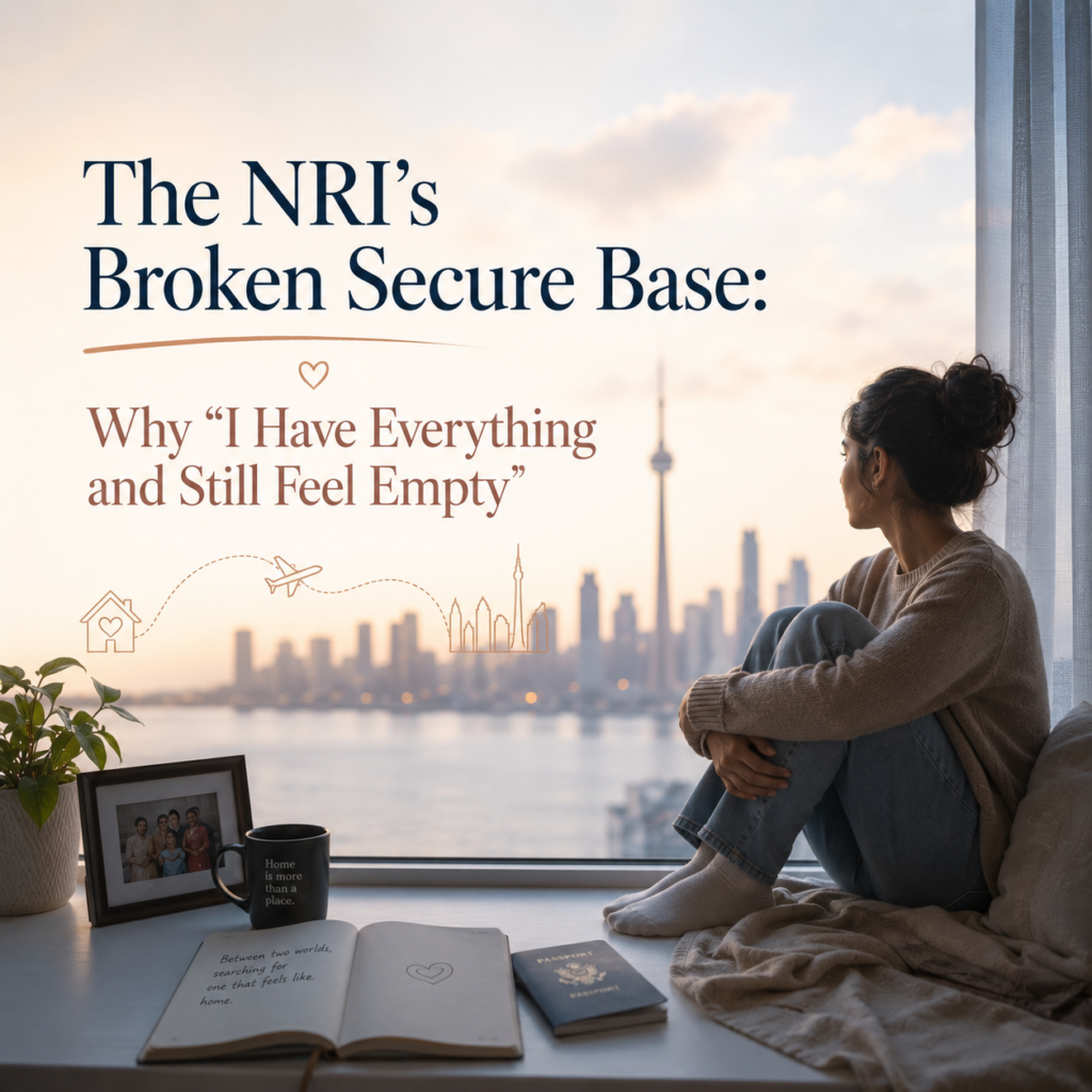 The NRI's Broken Secure Base: Why "I Have Everything and Still Feel Empty" — A contemporary header image showing an Indian woman sitting alone by a large apartment window overlooking a modern city skyline. A family photograph, passport, coffee mug, and open journal symbolize migration, identity, homesickness, and emotional displacement despite outward success. The image accompanies an article by Dr. Prerna Kohli, Clinical Psychologist, exploring how attachment, migration, and separation from family can create a deep sense of loneliness, emotional emptiness, and the search for belonging among Non-Resident Indians (NRIs).