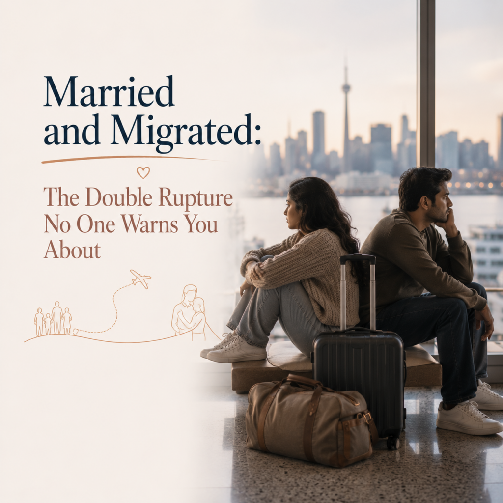 Married and Migrated: The Double Rupture No One Warns You About — A contemporary header image showing a young Indian couple sitting apart with luggage beside them, overlooking the skyline of a new city after relocating abroad. Their physical closeness contrasts with their emotional distance, symbolizing the combined challenges of migration, marriage, separation from family, and rebuilding emotional security in an unfamiliar environment. The image accompanies an article by Dr. Prerna Kohli, Clinical Psychologist, exploring how migration can disrupt attachment, strain newly married relationships, and create feelings of loneliness, disconnection, and emotional isolation despite a shared journey.