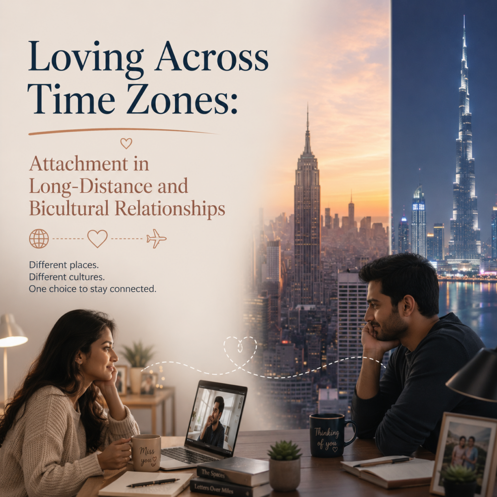 Loving Across Time Zones: Attachment in Long-Distance and Bicultural Relationships — A contemporary header image showing an Indian couple connected through a video call while living in different countries. Separated by iconic city skylines and time zones, they smile at one another across their laptop screens, symbolizing emotional connection despite physical distance. The image accompanies an article by Dr. Prerna Kohli, Clinical Psychologist, exploring how attachment styles influence long-distance and bicultural relationships, the challenges of maintaining intimacy across cultures and continents, and practical ways to strengthen trust, communication, and emotional security.