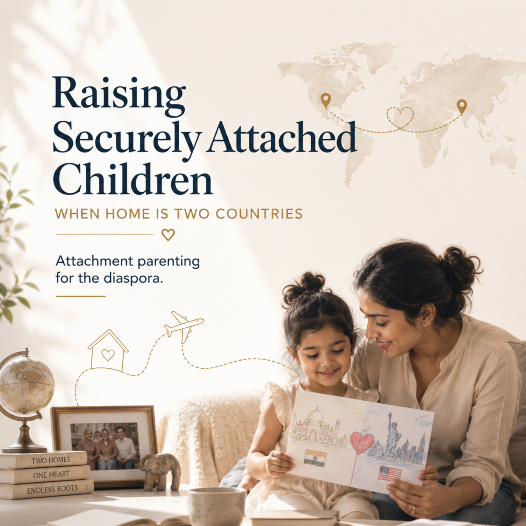 Raising Securely Attached Children When Home Is Two Countries — A warm, contemporary header image showing an Indian mother and young daughter looking at a drawing that combines symbols of India and the United States, representing identity, belonging, and family across cultures. A world map, globe, family photograph, and travel motifs symbolize migration and life between two homes. The image accompanies an article by Dr. Prerna Kohli, Clinical Psychologist, exploring how parents raising children abroad can foster secure attachment, emotional resilience, cultural identity, and a lasting sense of belonging across countries and generations.