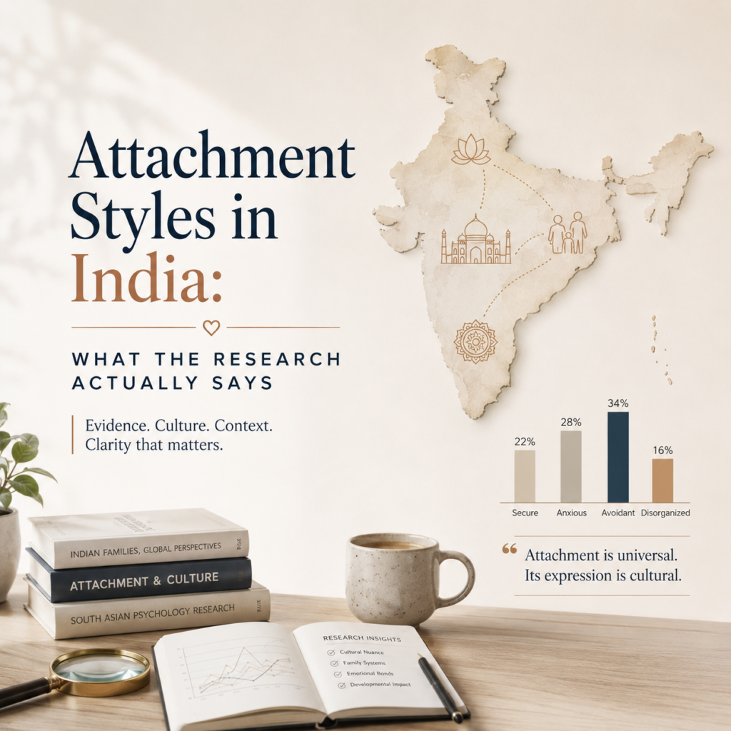 Attachment Styles in India: What the Research Actually Says — A clean, contemporary header image featuring a map of India, psychology research books, charts, and cultural symbols representing family, heritage, and evidence-based understanding of attachment. A minimalist bar chart and research notebook emphasize scientific inquiry rather than stereotypes. The image accompanies an article by Dr. Prerna Kohli, Clinical Psychologist, examining what psychological research reveals about attachment styles in India, how culture influences emotional development and relationships, and where evidence supports—or challenges—common assumptions.