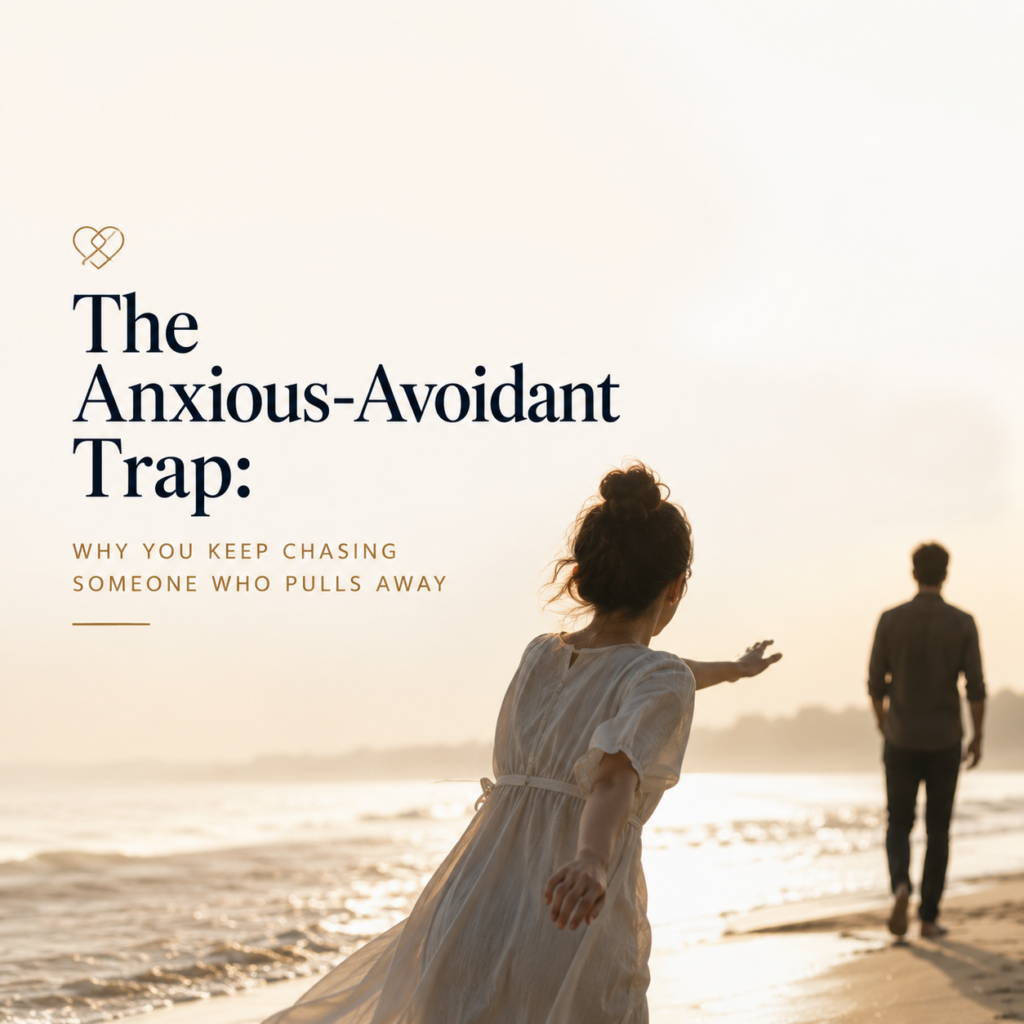 The Anxious-Avoidant Trap: Why You Keep Chasing Someone Who Pulls Away — A minimalist, emotionally evocative header image showing a woman reaching out toward a man walking away along a quiet beach at sunset. Their physical distance symbolizes the painful cycle in which one partner pursues closeness while the other withdraws, creating a repeating pattern of longing, rejection, and emotional disconnection. The image accompanies an article by Dr. Prerna Kohli, Clinical Psychologist, explaining the anxious-avoidant relationship dynamic, why this attachment pattern feels so compelling, and how individuals can break the cycle and build healthier, more secure relationships.