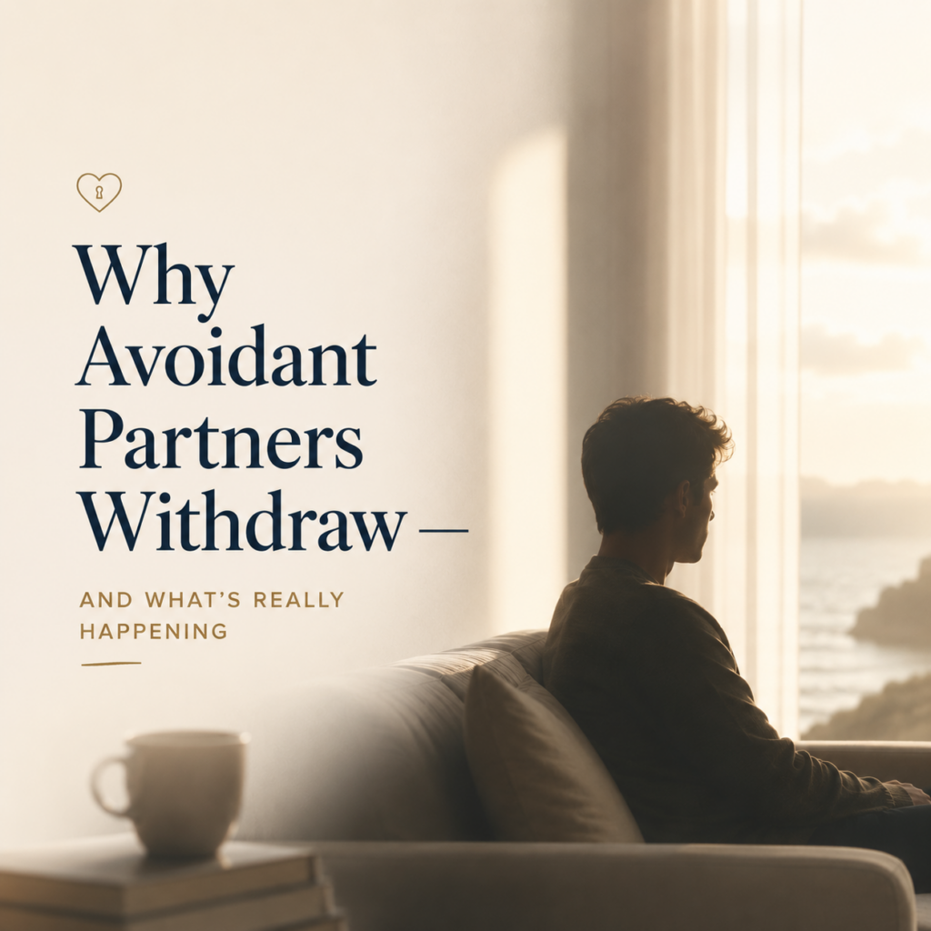 Why Avoidant Partners Withdraw—And What's Really Happening — A minimalist, contemporary header image showing a man sitting alone on a sofa, quietly gazing out of a large window toward the sea. The calm setting reflects emotional distance, introspection, and the inner conflict often experienced by people with an avoidant attachment style. The image accompanies an article by Dr. Prerna Kohli, Clinical Psychologist, explaining why avoidant partners withdraw during emotional intimacy, what is happening beneath the surface, and how couples can better understand these behaviours to build healthier, more secure relationships.