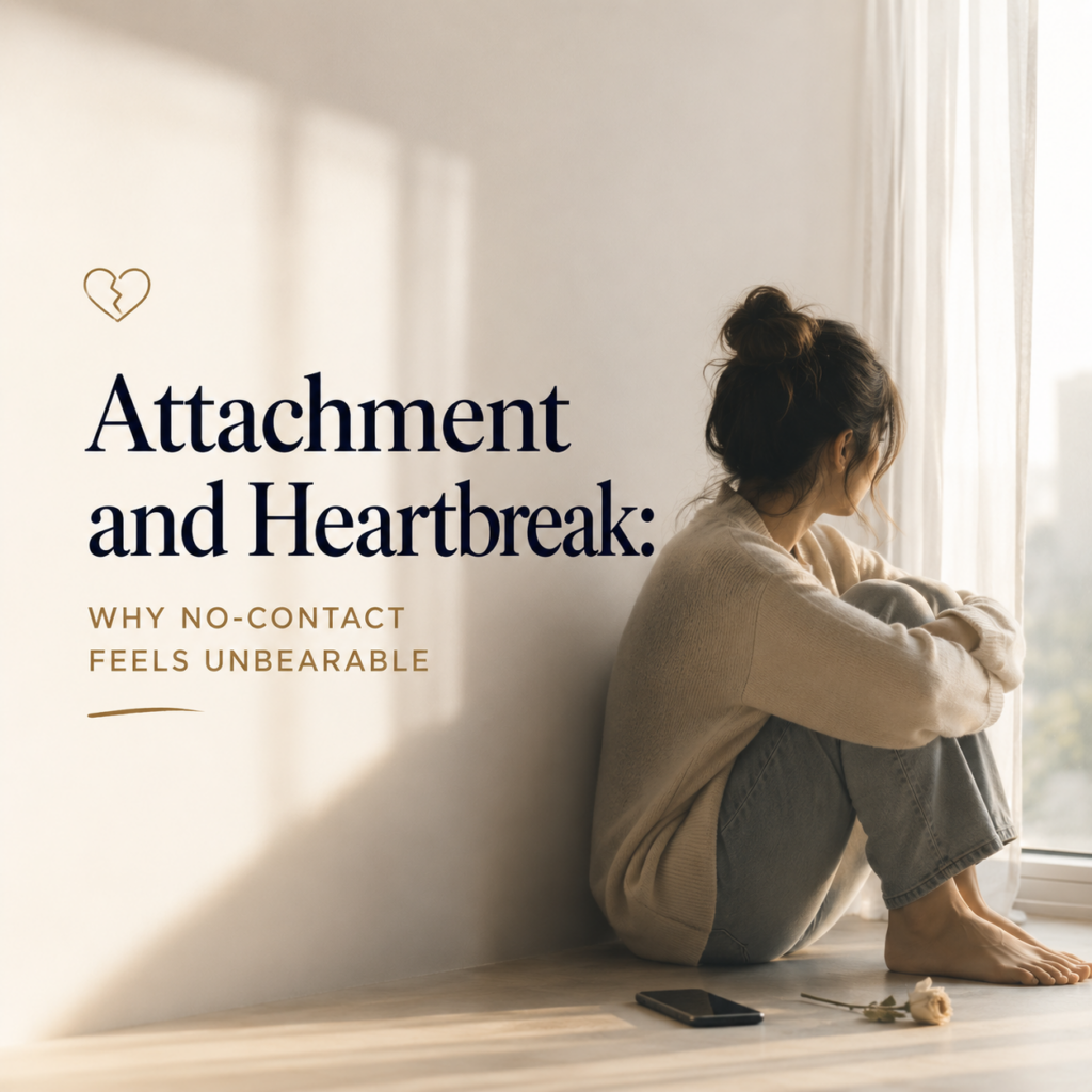 Attachment and Heartbreak: Why No-Contact Feels Unbearable — A minimalist, emotionally evocative header image showing a young woman sitting alone by a window, hugging her knees as she looks outside. A phone lies on the floor beside her next to a single wilted flower, symbolizing loss, longing, and the emotional pain of separation after a breakup. The image accompanies an article by Dr. Prerna Kohli, Clinical Psychologist, explaining why no-contact can feel emotionally overwhelming, how attachment styles shape the experience of heartbreak, and evidence-based strategies for healing, recovery, and rebuilding emotional security.