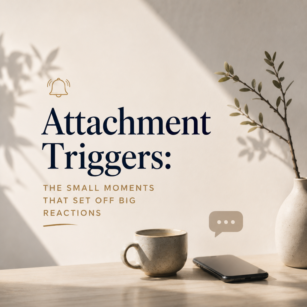 Attachment Triggers: The Small Moments That Set Off Big Reactions — A minimalist, contemporary header image featuring a smartphone beside a coffee cup on a sunlit table, with an unread message notification symbolizing the everyday moments that can activate deep emotional responses. The clean composition reflects how seemingly minor events—such as delayed replies, changes in tone, or silence—can trigger powerful attachment reactions rooted in past experiences. The image accompanies an article by Dr. Prerna Kohli, Clinical Psychologist, explaining what attachment triggers are, why they feel so intense, and how greater self-awareness can help people respond rather than react in their relationships.