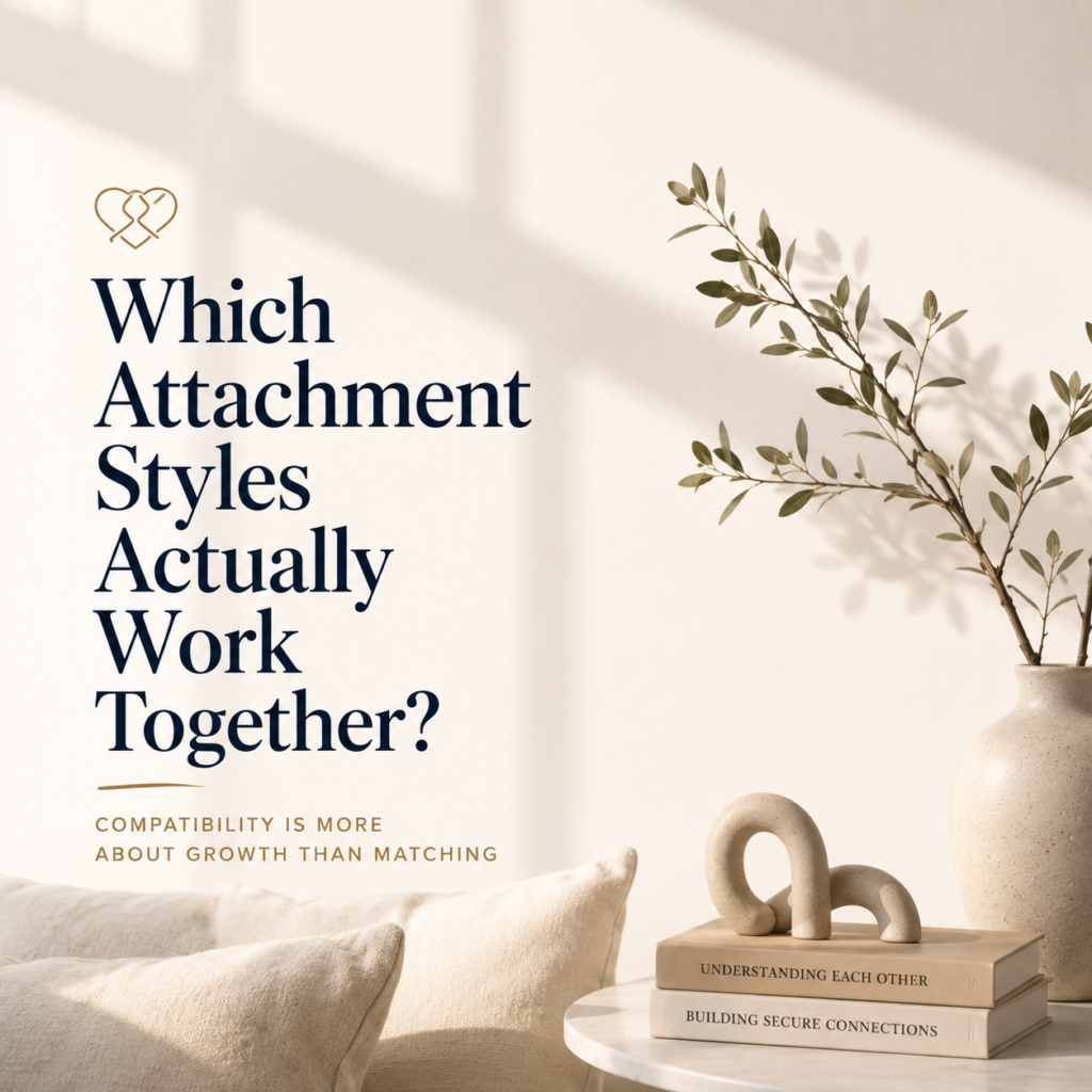 Which Attachment Styles Actually Work Together? — A clean, contemporary header image featuring a calm, minimalist living space with two abstract sculptures resting side by side on stacked books labelled "Understanding Each Other" and "Building Secure Connections." Soft natural light and olive branches symbolize growth, balance, and healthy relationships. The image accompanies an article by Dr. Prerna Kohli, Clinical Psychologist, exploring attachment style compatibility, explaining why successful relationships depend less on matching attachment styles and more on self-awareness, emotional security, communication, and the willingness of both partners to grow together.