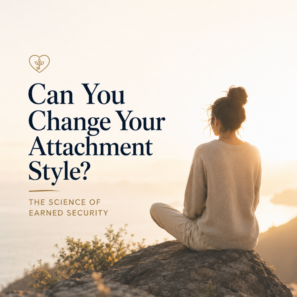 Can You Change Your Attachment Style? The Science of Earned Security — A serene, minimalist header image showing a woman sitting alone on a rocky cliff overlooking the ocean at sunrise. The peaceful landscape symbolizes self-reflection, healing, resilience, and personal transformation. The image accompanies an article by Dr. Prerna Kohli, Clinical Psychologist, explaining how attachment styles can change over time through self-awareness, healthy relationships, and therapy, introducing the evidence-based concept of earned secure attachment.