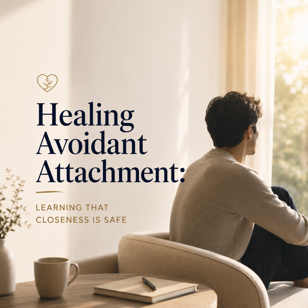 Healing Avoidant Attachment: Learning That Closeness Is Safe — A calm, minimalist header image showing a man sitting quietly by a sunlit window, reflecting in a peaceful room with a notebook and coffee nearby. The serene atmosphere symbolizes emotional healing, self-reflection, and the gradual process of learning to trust intimacy after avoidant attachment. The image accompanies an article by Dr. Prerna Kohli, Clinical Psychologist, explaining how avoidant attachment develops, why emotional closeness can feel threatening, and evidence-based approaches to building secure, healthy relationships.