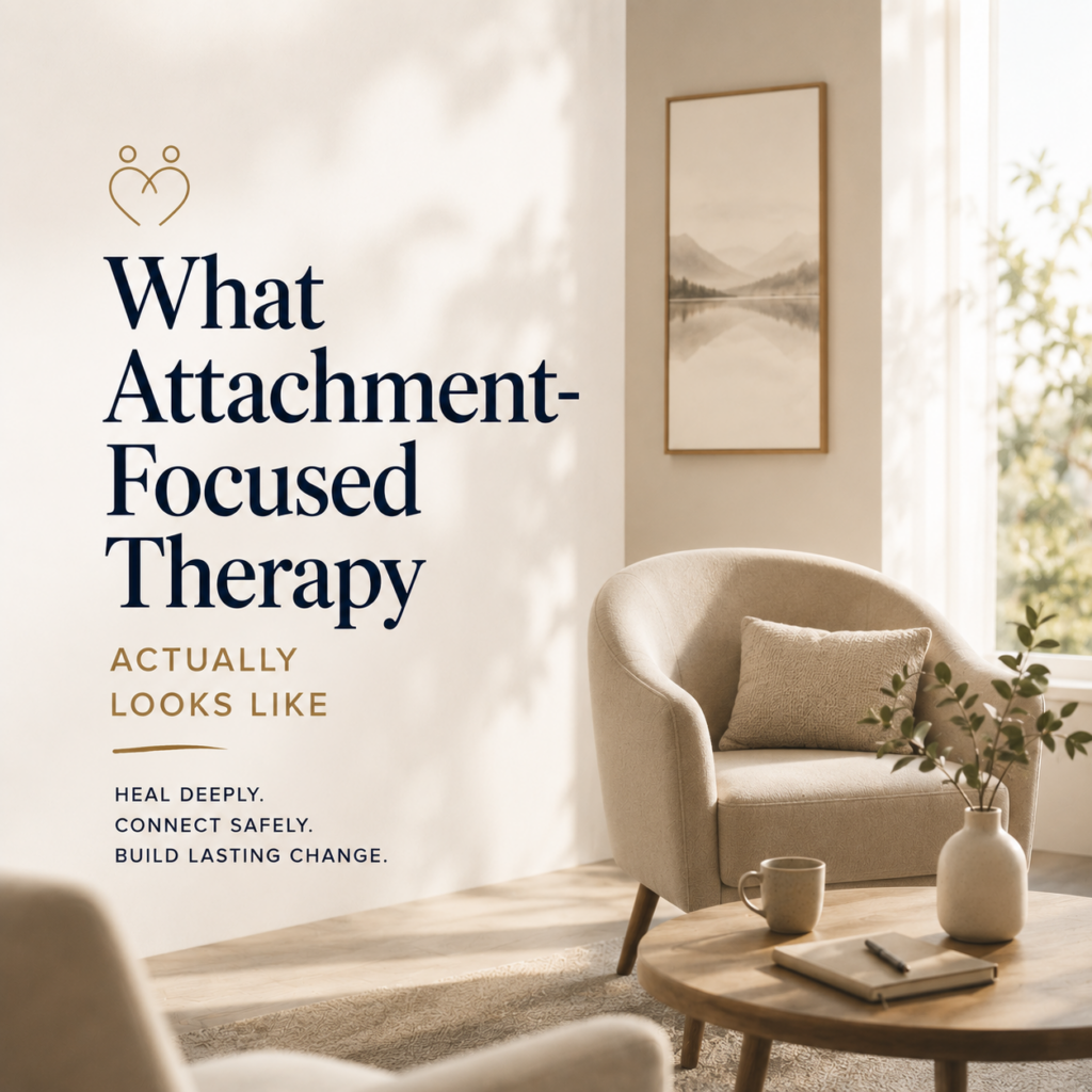 What Attachment-Focused Therapy Actually Looks Like — A warm, minimalist therapy room with a comfortable armchair, soft natural light, calming décor, and a notebook resting on a coffee table. The peaceful setting symbolizes psychological safety, reflection, and the therapeutic relationship that helps people heal insecure attachment patterns. The image accompanies an article by Dr. Prerna Kohli, Clinical Psychologist, explaining what attachment-focused therapy involves, how it works, and how it helps individuals build secure relationships, emotional resilience, and lasting psychological change.
