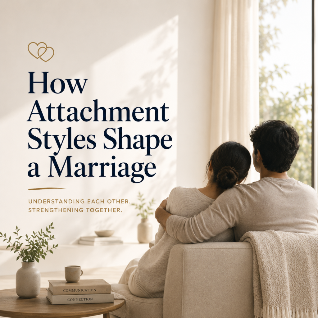 How Attachment Styles Shape a Marriage — A warm, minimalist header image showing a married couple sitting together on a sofa, quietly embracing as they look out through a large sunlit window. The peaceful scene symbolizes emotional connection, trust, communication, and the influence of attachment styles on marital relationships. The image accompanies an article by Dr. Prerna Kohli, Clinical Psychologist, explaining how secure and insecure attachment patterns shape communication, conflict, intimacy, and long-term marital satisfaction, and how couples can build a stronger, more secure relationship.