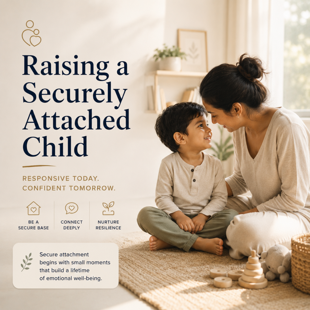 Raising a Securely Attached Child — A warm, contemporary header image showing a mother smiling warmly at her young child as they sit together on the floor in a bright, peaceful home. Their eye contact and joyful interaction symbolize emotional safety, responsive parenting, and the secure parent-child bond that forms the foundation of lifelong emotional well-being. The image accompanies an article by Dr. Prerna Kohli, Clinical Psychologist, explaining how secure attachment develops in childhood and how everyday parenting practices foster confidence, resilience, healthy relationships, and emotional security.