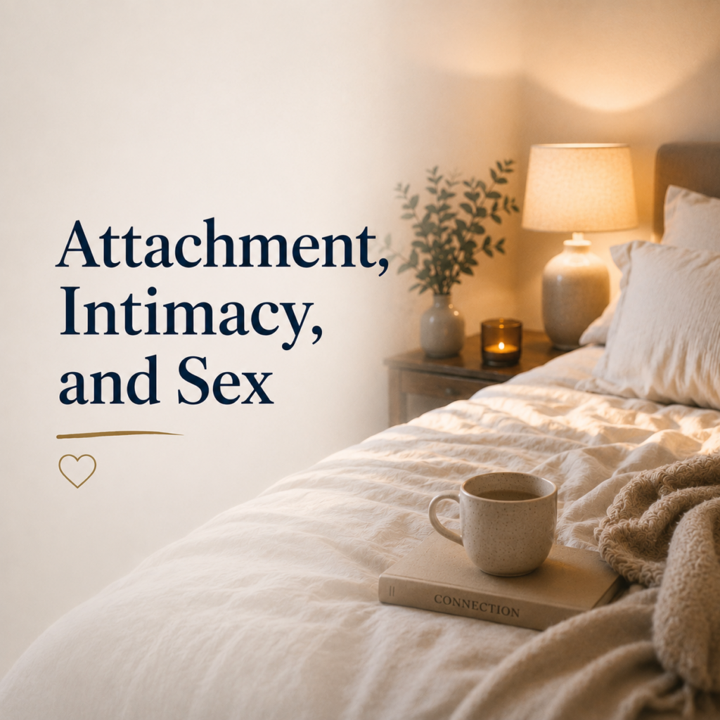 Attachment, Intimacy, and Sex — A warm, minimalist bedroom with soft lighting, a neatly made bed, a glowing bedside lamp, and a book titled "Connection" beside a cup of tea. The calm, intimate setting symbolizes emotional safety, trust, vulnerability, and the deep connection between attachment and sexual intimacy. The image accompanies an article by Dr. Prerna Kohli, Clinical Psychologist, exploring how attachment styles influence emotional closeness, physical intimacy, sexual relationships, desire, trust, and long-term relationship satisfaction.