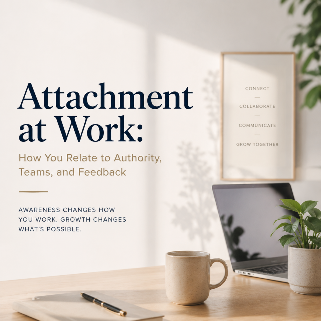 Attachment at Work: How You Relate to Authority, Teams, and Feedback — A clean, contemporary workspace featuring a laptop, notebook, coffee mug, and indoor plants in a calm, sunlit office. A minimalist wall print with the words "Connect, Collaborate, Communicate, Grow Together" symbolizes healthy workplace relationships, psychological safety, and professional growth. The image accompanies an article by Dr. Prerna Kohli, Clinical Psychologist, explaining how attachment styles influence relationships with managers, colleagues, teamwork, feedback, leadership, trust, and communication at work.