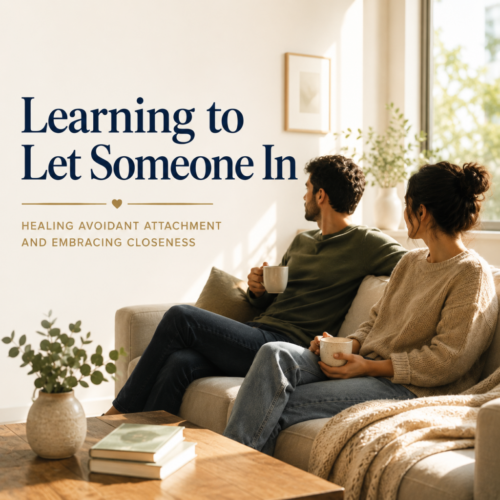 A couple sits together in quiet comfort on a sofa, illustrating the gradual journey of healing avoidant attachment and learning to feel safe in emotional closeness.
